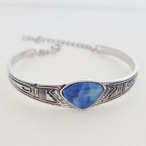 Vintage Silver Tone Blue Stone Bracelet Etched Boho Cuff Adjustable Chain